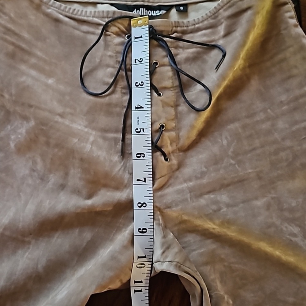 Y2K Dollhouse Tan Faux Suede Lace Up Flared Boho Festival Pants Size Small - Picture 10 of 13